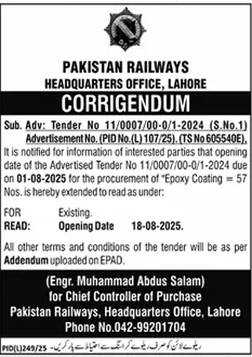 Pakistan Railways Lahore Tender Notice-1
